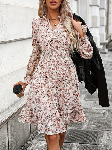 A-LINE Long Sleeves المرونة زهرة طباعة فساتين Midi