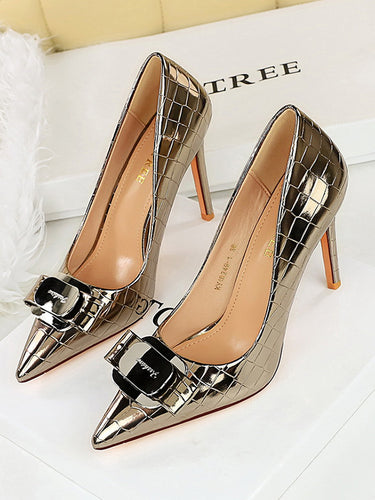 Belt Buckle Pointed-Toe Shiny Split-Joint Pumps