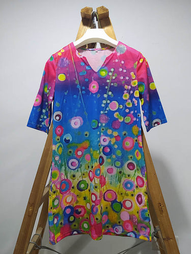 Originaldruck V-Ausschnitt Kurzarm Mini-Kleid
