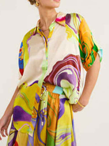 Chemis de revers imprimé asymétrique lâche + jupe d'élasticité à cordon A-Line Two Pieces Set