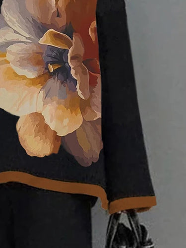 Mangas de mangas compridas estampas de flor Tops de pescoço de junta dividida
