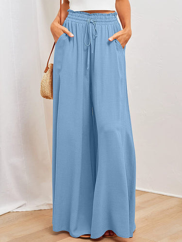 Points plissés plissés pantalons de couleur unie à cordon lâche