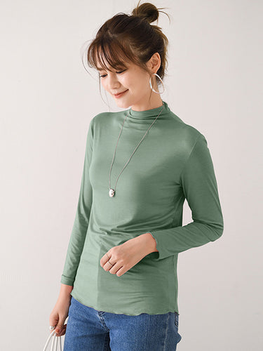 10色シンプルソリッドカラー長袖ハイネックTシャツトップ