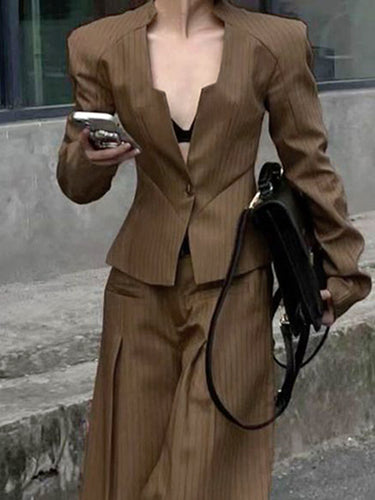 الأكمام الطويلة فضفاضة بزر مقسم مقسم مخطط V-الرقصة السترة الخارجية