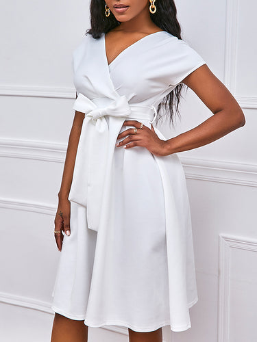 Robes midi à collier en v à lacets à lacets à bowknot