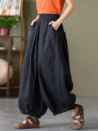 Einfache lose Leinen Feste Farbe Falten -Kordelbreite Beine Knickerbocker