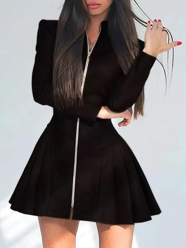 Manches longues skinny plissée à fermeture à glissière à fermeture à glissière Mini robes
