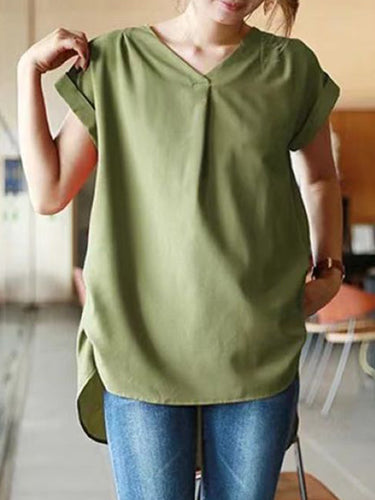 ゆるい半袖バックプリーツソリッドカラーラウンドネックTシャツのトップス