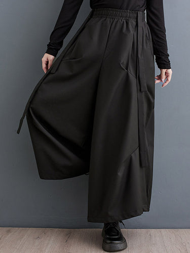 Élasticité large de la jambe à taille large pantalon pantalon à joint de joint de couleur unie plissée