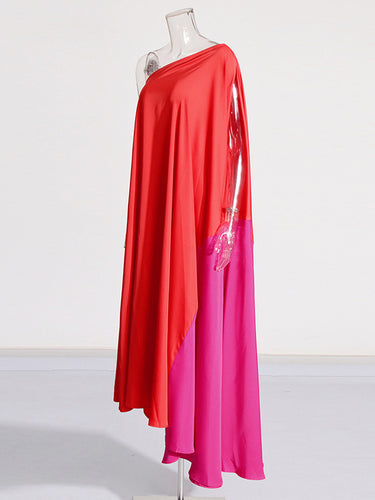Hohe taillierte lose asymmetrische Kontrastfarbe Split-Gelenk One-Shoulder Maxi-Kleider