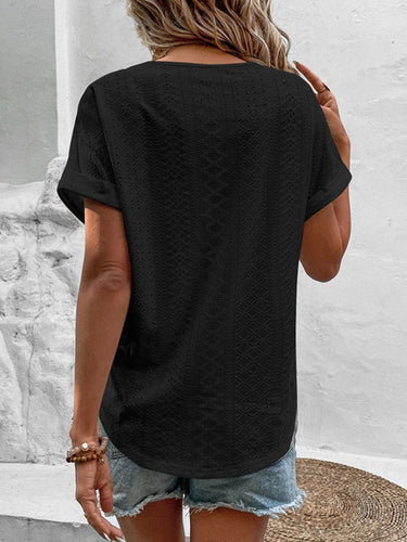 ゆるい半袖中空の固体色スプリットジョイントVネックTシャツ
