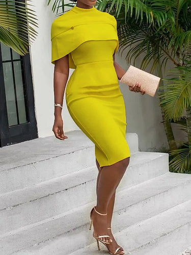 Bodycon Capelet Solid Color Split-Joint Mock Neck Midi Dresses