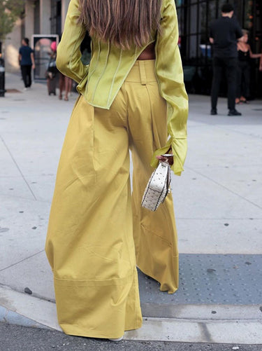 Bolsos soltos de cintura alta calça de cor sólida calça