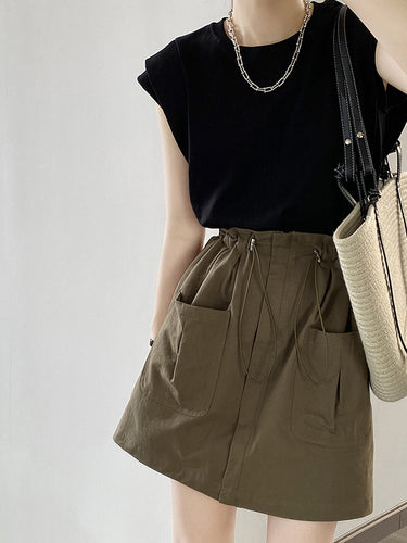 ゆるいノースリーブのスプリットジョイントラウンドネックTシャツのトップス