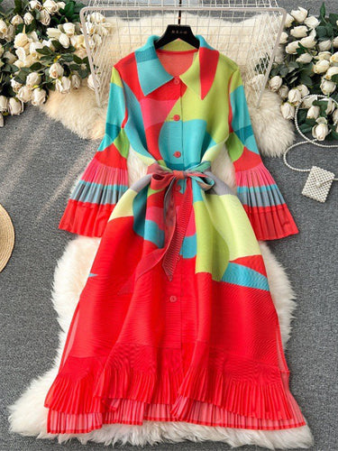 الأكمام المشوقة فضفاضة مربوطة ألوان النقيض مطوية ثياب ميدي