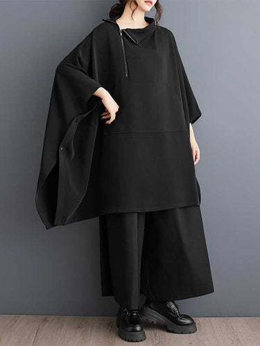 Mangas de batwing bolsas con botones sueltos de color sólido Sweper Mock Sweint Swein Sweatshirt