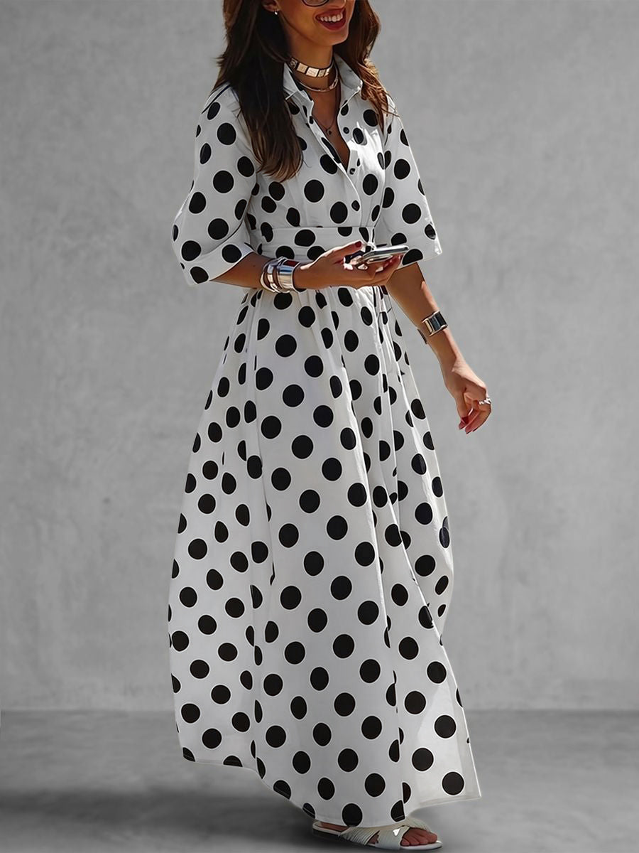 Uoozee-official A-Line Half Sleeves Buttoned Contrast Color Elasticity Polka Dot Lapel Maxi Dresses Shirt Dress White / L