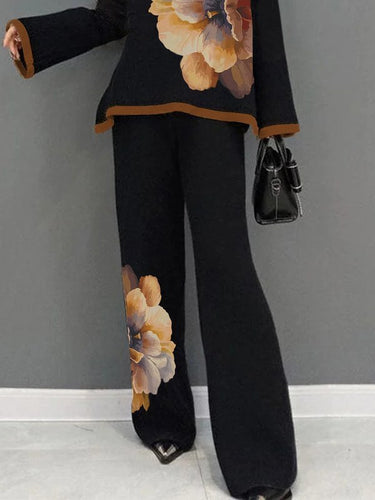 Calça de estampa de flores soltas de cintura alta calça