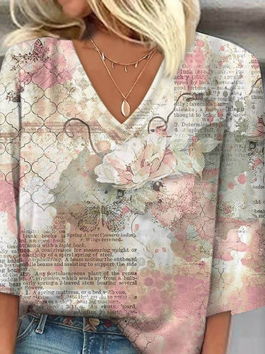 ルーズプラスサイズのフラワープリントレタープリントVネックTシャツのトップス