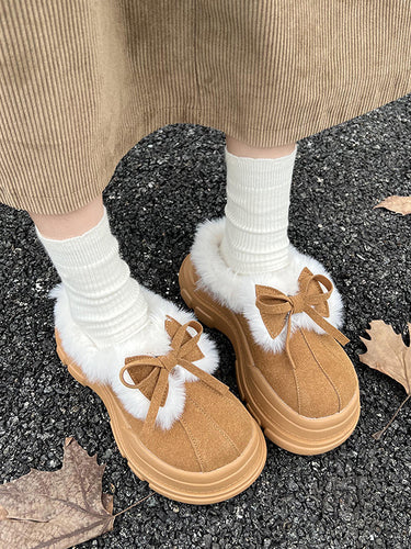 Bowknot Round-Toe Split-Joint Platform Shoes Slippers & Mules