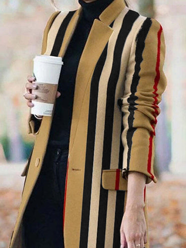 長袖のゆるいボタン付きスプリットジョイントストライプスタンドカラーウールコート