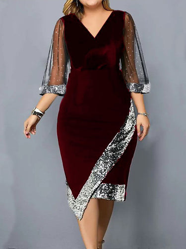 Bodycon Wrap Contrast Couleur maillé à paillettes à collier en V Vins MIDI à col en V