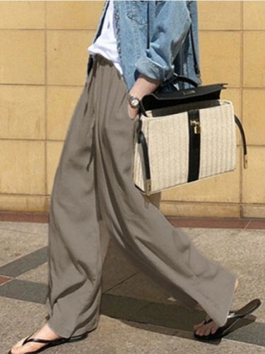 Bolsos de cordão solto de cintura alta calça calças de cor sólidas