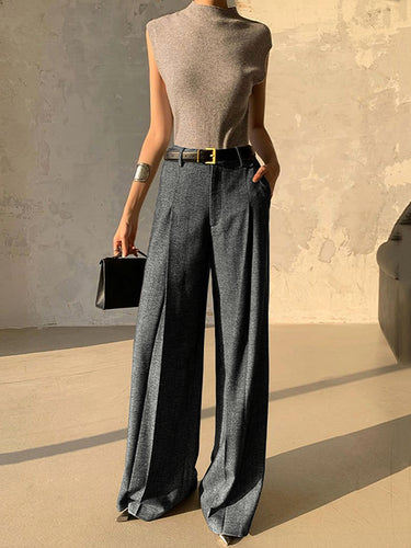 Calça calças de terno de coloração sólida com cinto solto