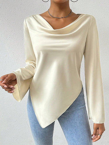 長袖のゆるい固形色のヒープカラーTシャツのトップ