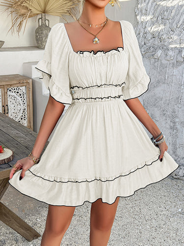A-line High Waisted Elasticity Pleated Ruffle Trim Solid Color Square-neck Mini Dresses