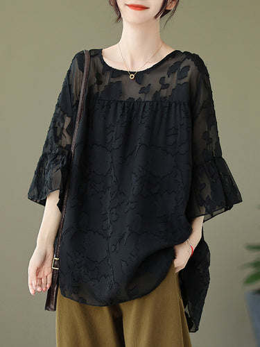 ゆるい半袖ファルバラプリーツシースルースプリットジョイントラウンドネックTシャツ