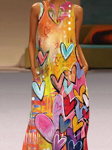 A-Line Lose Heart Print Round-Hals Maxi-Kleider