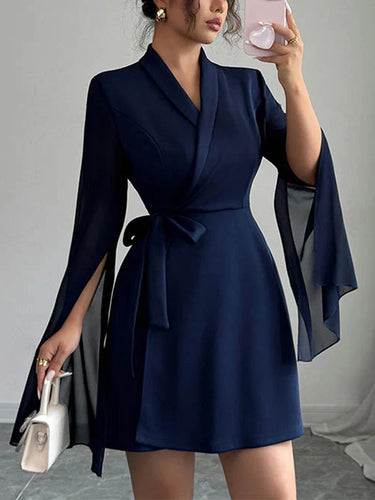 A-Line Elasticated Waist Interlace See-Through Solid Color Split-Joint Split-Side Tied Waist V-Neck Mini Dresses