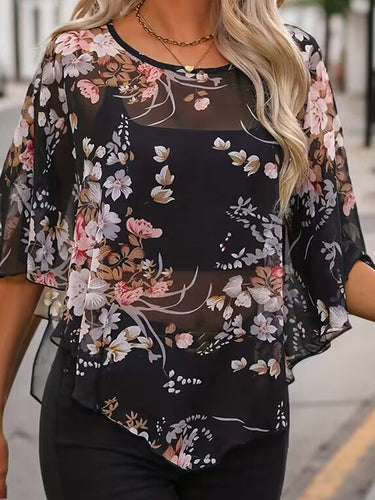 Munas de Batwing Medias Mangas estampado de flores Blusas y camisas de cuello redondo Tops Cubridos Tops