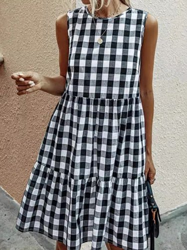 Plaid creux sans manches lâches Mini robes à col rond plissées