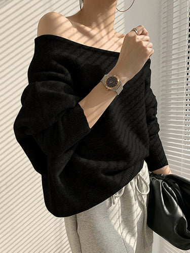カジュアルなルーズロングスリーブオフショルダーセータートップスオフセーター