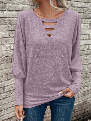 長袖ゆるい中空のソリッドカラースプリットジョイントVネックTシャツのトップス