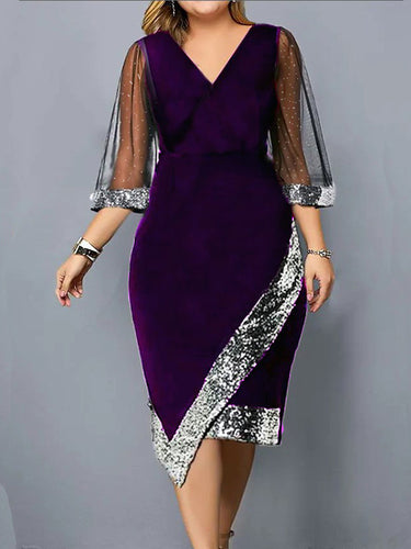 Bodycon Wrap Contrast Couleur maillé à paillettes à collier en V Vins MIDI à col en V