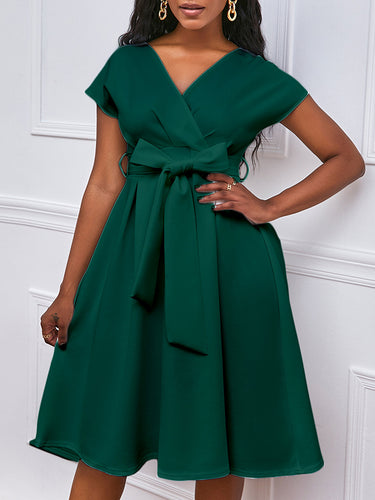 Robes midi à collier en v à lacets à lacets à bowknot