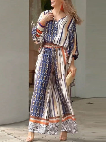 Mangas compridas tops de lapela impressos e impressos + bolsos de cordão calças de baixo