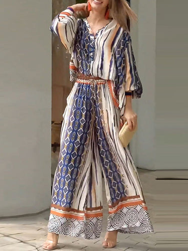 Mangas compridas tops de lapela impressos e impressos + bolsos de cordão calças de baixo