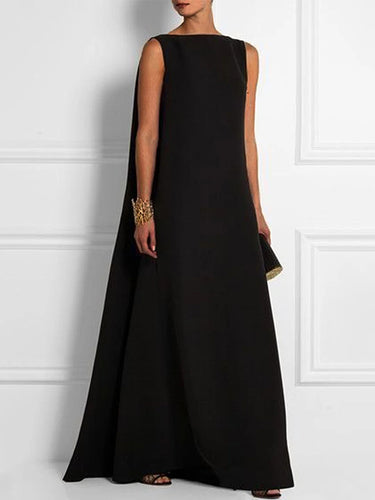فضفاضة بسيطة اللون الصلب بلا أكمام فستان V-Back Maxi