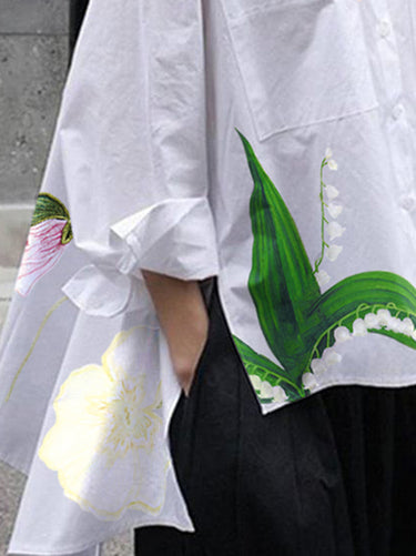 Alta baixa baixa assimétrica, impressão floral de junta dividida em blusas de lapela de junta dividida
