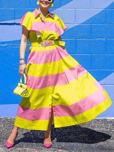 Taille haute taille en vrac boutonné couleur poches plissées revers robes maxi robe de chemise