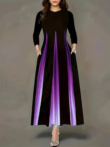 A-lineハイウエストグラデーションポケット印刷されたスプリットジョイントラウンドネックマキシドレス