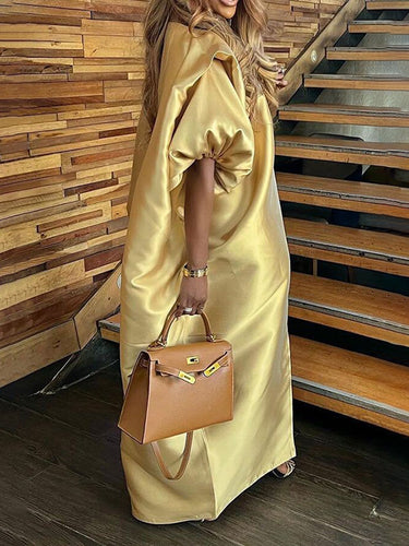 Half Sleeves Loose Elasticity Pleated Solid Color Split-Front V-Neck Maxi Dresses
