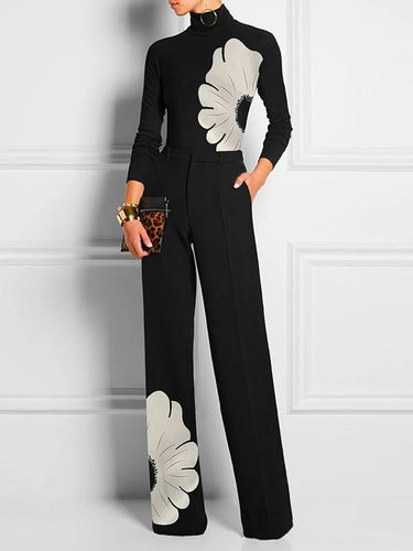 Asymmetrische florale gedruckte Kleberhose mit hoher Taille, gerade Beinbein