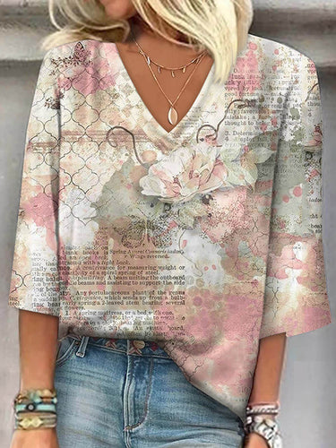 ルーズプラスサイズのフラワープリントレタープリントVネックTシャツのトップス