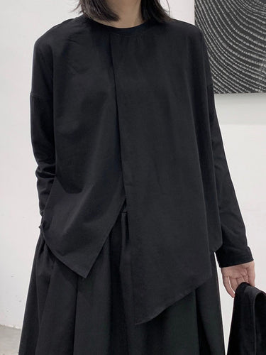 長袖のゆるい非対称のソリッドカラースプリットフロントスプリットジョイントラウンドネックTシャツ