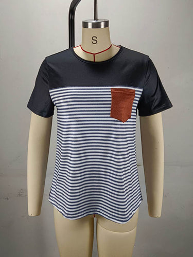 ゆるい半袖スプリットジョイントストライプラウンドネックTシャツのトップス